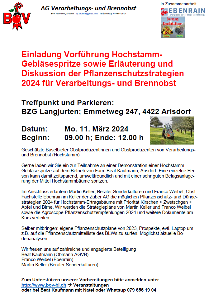 Einladung Spritzenvorführung Pflanzenschutz Arisdorf 11.3.2024